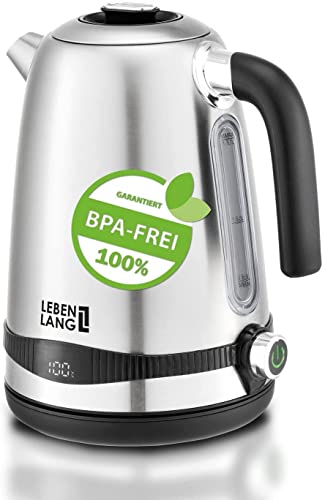 LEBENLANG Bouilloire electriqueen acier inoxydable Réglage de la température - Silencieux, indicateur de température & fonction maintien au chaud - 1,7 litre & 2200W | Rétro sans plastique Cover