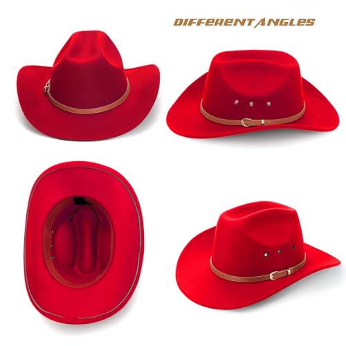 Image of DRESHOW Cowboy Hat for Women and Men Classic Western Felt Cowboy Cowgirl Hat Outdoor Wide Brim Belt Buckle Retro Fedora Hats Unisex Rolled up Caps