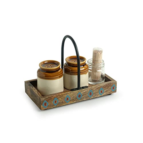 Image of ExclusiveLane Old Fashioned Martaban Ceramic Salt and Pepper Shakers Set with Toothpick Holder & Tray (110 ML)- Salt and Pepper Set for Dining Table Salt and Pepper Dispenser SaltPepper Sprinkler Set