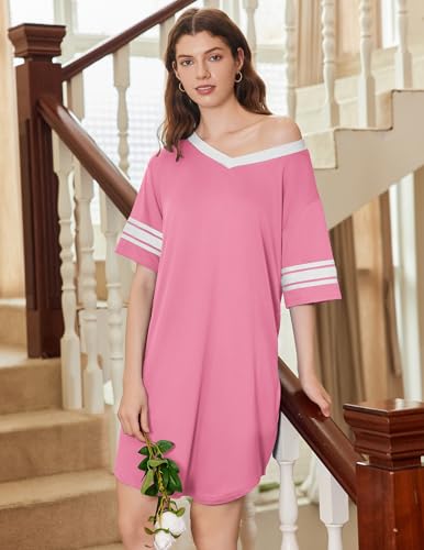 Image of Ekouaer Nightgowns for Women 2 Pack Sleepshirts Short Sleeve Nightshirt V Neck Sleepwear Casual Pajama Dress