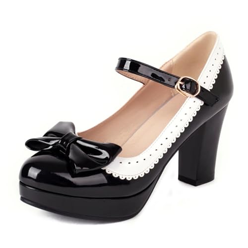 FOREADA Mary Jane - Tacones para mujer, con lazo, plataforma Lolita, tacones altos, zapatos kawaii, zapatos de vestir con punta redonda, Lazo negro, 37.5 EU