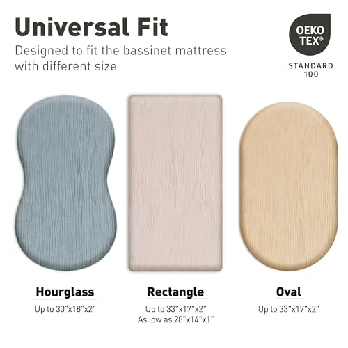 Image of Muslin Bassinet Fitted Sheets 2 Pack, Soft Breathable Cotton Baby Bassinet Mattress Sheet Set, 360 Elastic Snug Fit, Universal for Oval, Rectangle (Bright Colors, Bassinet Sheets 2 Pack)