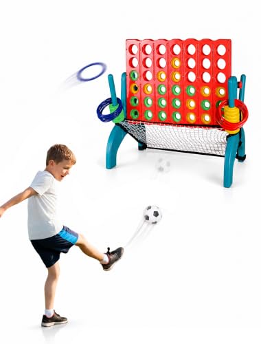 3 in 1 Giant Connect 4 Outdoor Game with Carry Bag Large 4 in a Row Garden Game for Kids and Families with Ring Toss Football Play and Pump Portable Toy for Garden Beach Picnic and Camping