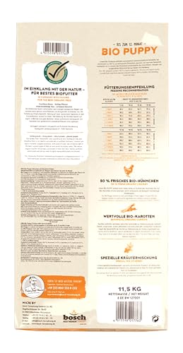 bosch HPC BIO | Puppy Hühnchen & Karotten | Hundefutter für Welpen aller Rassen | 100 % Rohstoffe aus nachweislich biologischem Anbau | 1 x 11.5 kg