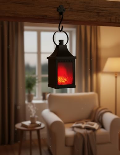 Image of Portable 25CM Artificial Fireplace LED Lamp with Realistic Flame Effect Hanging Lantern for Living Room, Bedroom, Indoor Decoration Electric Faux Fire Place Battery Operated Black