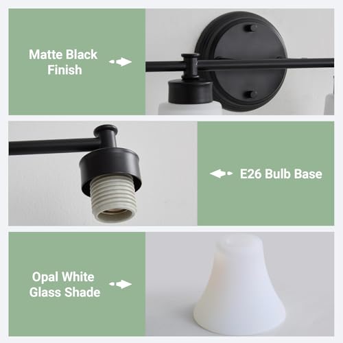 Image of LOUSACE 3 Light Bathroom Vanity Light Matte Black Bathroom Lighting Fixtures Over Mirror with Opal White Frosted Glass, Vintage Traditional Wall Lighting Fixture Vanity Sconces Light for Bedroom