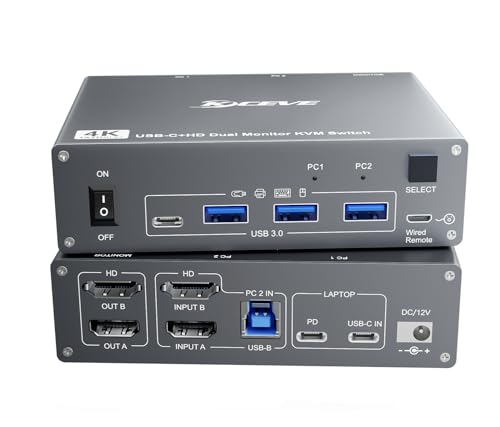 ESKEVE Conmutador KVM USB C HDMI 2 PC 2 Monitores, conmutador KVM para ordenador portátil y PC, USB 3.0 MST Dual 4K @ 60 Hz, Type-C 60 W Carga para ordenador portátil, HDMI Kvm Switch USB C con mando