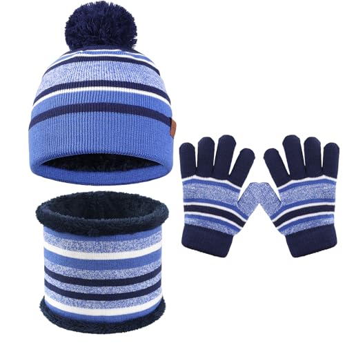 GWAWG Juego de 3 piezas de gorro y bufanda para niños, gorro con pompón de invierno, bufanda y guantes para niñas y niños, gorros de punto cálidos, bufandas y guantes para niños de 5 a 12 años