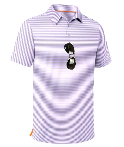 ZITY Men Golf Polo Shirts Short Sleeve Striped UPF 50+ Moisture Wicking Casual Collared Print T-Shirt for Men Purple Striped