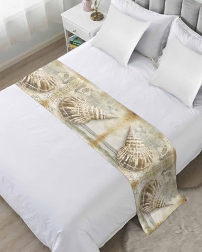 Coastal Conch Bed Runner for Twin Size, Summer Beach Nautical Ocean Bedspread Protector Slipcover Bed Scarf for Foot Runners & Scarves for Bedroom Hotel Wedding Room 71x20 Inches