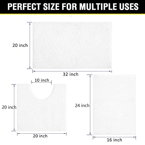 Image of White Bathroom Rugs Chenille 3-Piece Extra Soft and Absorbent Shag White Bath Mat, Machine Wash Mat, Strong PVC Non-Slip Underside, Plush Carpet Mats
