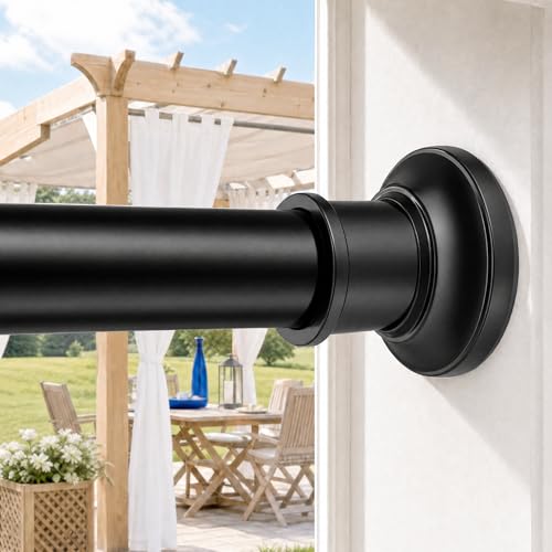 Outdoor Tension Rods No Drilling Curtain Patio Shower Bathroom Curtain Rod Windows Heavy Duty 40-130 Inch Black Adjustable 1.1 Inch Diameter Thick Spring No Rust