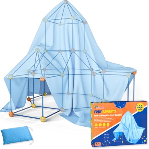 Kit Construction Cabane Enfant XL + Pack d’Extension, 122 Pièces avec 76 Tiges & 46 Boules, Jouet STEM Créatif, Construire Fort, Tente & Château, Indoor & Outdoor, Sac de Rangement & E-Book Inclus