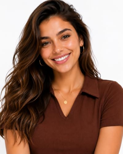 Image of Women's Ribbed V Neck Collared, Casual Short Sleeve Polo Top, Stretch Knit, Soft Lightweight Summer Basic Tee for Office, Work, Travel