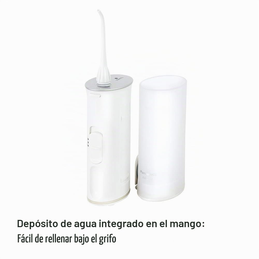 Panasonic EW-DJ40-W503 Irrigador Bucal Eléctrico Portátil de Viaje y Plegable (2 Modos, Recargable, Inalámbrico, Óptimo para Aparatos Dentales, 1500 Impulsos/Min, Ligero)- Color Plata/ Blanco