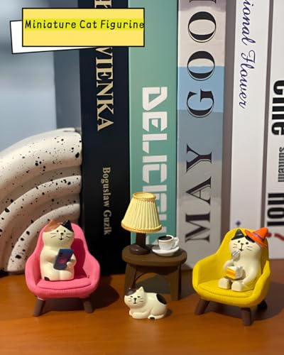 Miniature Cat Figurines Set – 6-Piece Resin Desk Decor with Sofa & Lamp,Cat Statues for Office Shelf Home, Gift for Cat Lovers (CAT) - Image 3