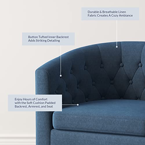 Image of BELLEZE Accent Barrel Arm Chair, Modern Comfy Upholstered Tufted Club Chair with Sturdy Legs and Linen Fabric for Bedroom Living Room - Navy Blue