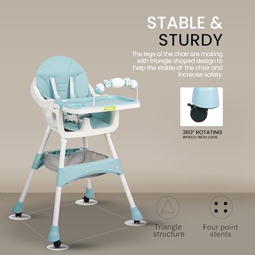 Image of Baybee 3 in 1 Auro Baby High Chair for Kids | Feeding Chair with 3 Height Adjustable & Basket, Booster Seat with Food Tray, Toy Bar & Safety Belt | High Chair for Baby 6 Months to 4 Years Boys Girls (Green)
