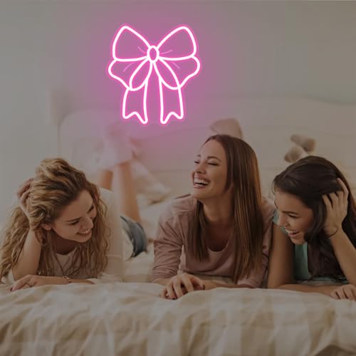 Image of Pink Bow Neon Sign Bows Neon Lights for Bedroom Dimmable Coquette Ribbon Bow Birthday Decorations Pink Wall Art Bow Wall Decor Led Sign Gifts for Girls Party