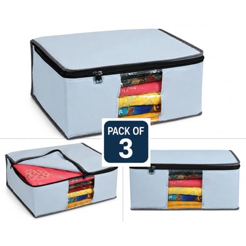 Image of Woven Foldable Saree Cover /Cloth Storage Bag /Wardrobe Organizer with Zip & Transparent Window For Lehenga, Shirts, Salwar Suits, Dress & Accessories 3 Non Woven