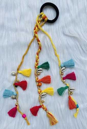 Image of Zippy Flora Boho Handmade Colorful Hair Strings for Navratri /Ethnic Look /Bohemian Styling, Colorful Braided Hairband, Thread Hair Accessories & Extensions (Shoulder Length (12-14 inch), Yellow)