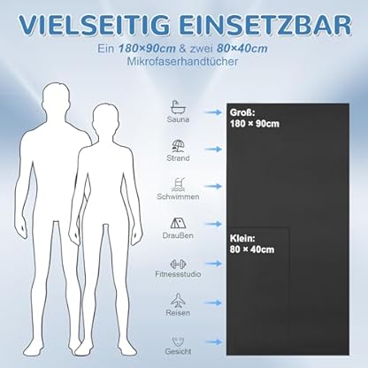 Fosdaling Mikrofaser Handtuch 3er Set - Groß 180×90cm & 2 Klein 80×40cm, Schnelltrocknend Microfaser Sporthandtuch, für Reisehandtuch, Badetuch, Fitness & Sport Handtücher und Strandtuch (Dunkelgrau) – Bild 5
