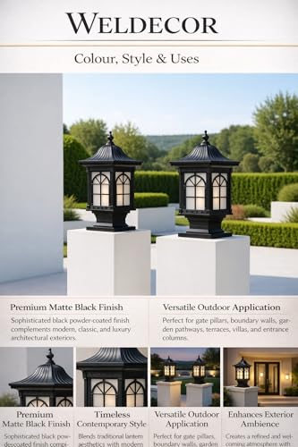 Image of Weldecor Outdoor Gate Pillar Lamp for Home Entrance Waterproof LED Garden Light (E27 Holder LED Bulb Comptaible) Antique Decorative Main Gate Post Lantern for Villa (Style7) (Style3)