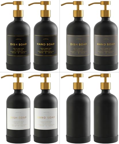 Image of Hand and Dish Soap Dispenser for Kitchen and Bathroom, Set of 2 16 Oz Glass Bottles, Stainless Steel Pumps, Non-Slip Silicone Base, 27 Waterproof Labels (Matte Black Bottle /Brushed Gold Pump)
