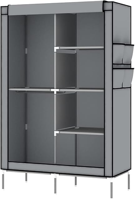 LOEFME Canvas Wardrobe, Portable Fabric Wardrobe with 2 Clothes Hanging Rails and 4 Shelves, Bedroom Furniture Clothes Storage Organiser, Foldable Closets,Dustproof and Waterproof Grey