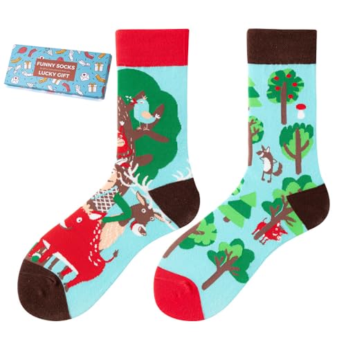 NxnChc Lustige Socken Für Damen Und Herren Unisex Viele Jäger-Wald Motive Tier Essen Obst Sport Kunst Aus Baumwolle Geschenk Asymmetrische Muster Links Und Rechts
