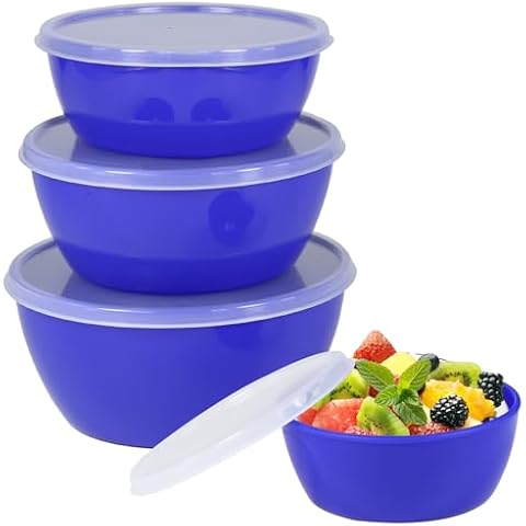 ATRDTO Classic Plastic Prep Bowls with Lids, Set of 4，Microwave and Dishwasher Safe(Blue) Cover