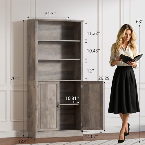 Image of BORNOON 70.1 inch Tall Bookshelf with Cabinet, 5-Tier Floor Standing Bookcase with Doors & Adjustable Shelves, 31.5 inch Wide Storage Shelf, Metal Handles, Modern Organizer for Home Office, Living Room