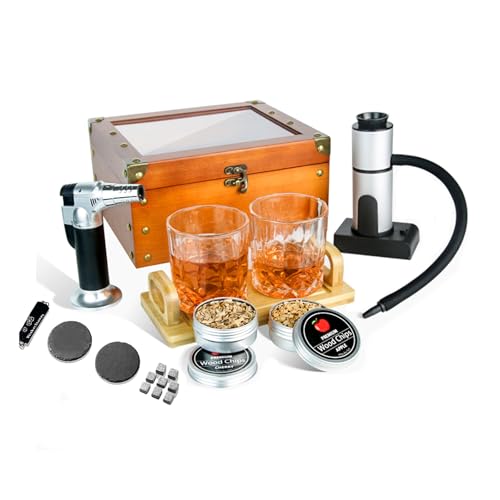 whiskey smoker kit with torch, Cocktail Smoker Kit, Food Tray and Wood Chips (Apple & Cherry), smokers for drinks with Whiskey glass and stone ice cubes,Whiskey Smoker Kit with Smoking Gun