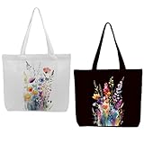 2 Pieces Canvas Tote Bag Fashion Floral Black & White Set Canvas Bag for Work Shopping Beach Reusable Grocery Bags Birthday Christmas Presents for Women Girls Friends Sister Mom Teacher Appreciation