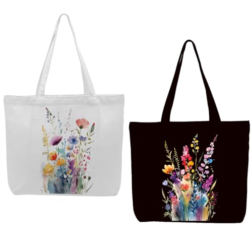 2 Pieces Canvas Tote Bag Fashion Floral Black & White