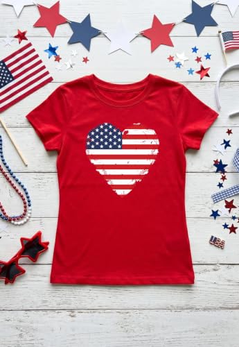 Image of Tstars Fitted Tee for Girls 4th of July Shirt | Patriotic American Cute Kids Heart Graphic Horse T-Shirt