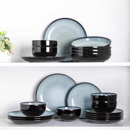 Image of LeRatio Ceramic Dinnerware Sets for 6,Stoneware Plates and Bowls Sets,Handmade Reactive Glaze Dishes Set,Chip Resistant and Scratch Resistant | Oven&Dishwasher & Microwave Safe-Gray White(18PCS)
