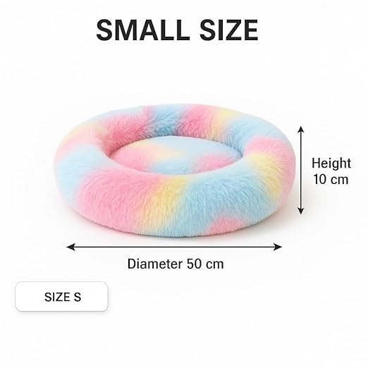 Image of ZEXSAZONE Plush Donut Dog Bed for Dogs & Cats | Soft Calming Anti-Anxiety Pet Bed | Warm Cozy Winter Dog Bed for Puppies | Washable Round Bed (Rainbow Small)