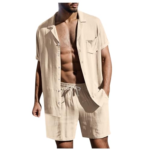 Generisch Khaki Zweiteiler Herren Leinenanzug Sommer Freizeitanzug Einfarbig 2-teilig Kurzarm Button-Up Revers Hemd und Shorts Beach Shirt Kurze Hose Set Baumwolle Leinen Anzug