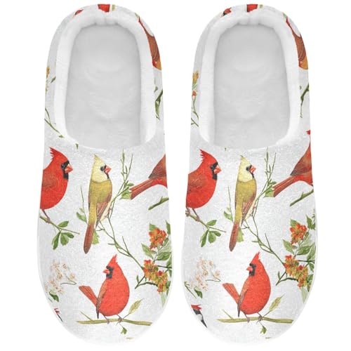 Funny Northern Red Birds White Women Cotton Slippers Closed Toe Memory Foam Home Slippers for Hospital Funny Presents 6-7