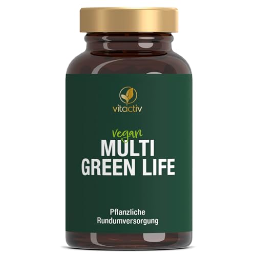 VITACTIV Multi Green Life - Green Food Multivitamin Präparat - Natur Komplex 100 Nährstoffe - Vitamin C, D, E, B Vitamine - Mineralien, Enzyme, Omega3, Vitalpilze, Probiotika, Superfood - 90 Kapseln