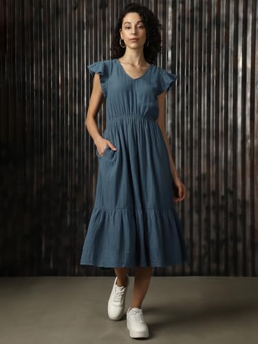Image of High Star Women Cotton Solid Regular fit V-Neck Sleeveless Dresses