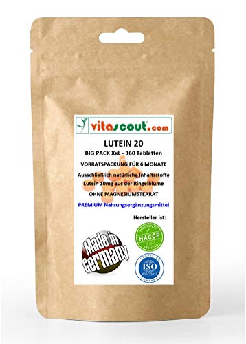 VITASCOUT Lutein 20 II, 360 Tabletten à 10 mg, Hochdosiert, 6-Monatsvorrat, ohne Magnesiumstearat, Suchbegriffe sind oft Augengesundheit und Sehkraft, Antioxidativ, Vegan