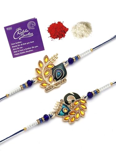 Image of Sukkhi Rakhi Beautiful Floral Design Purple Meenakari Work with AD Stones & Pearls Combo Rakhi for Brother with Roli Chawal & Greeting Card|Quirky Rakshabandhan Rakhi for Bhaiya|Set of 2