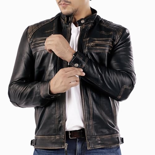 Image of Jild Signature Diamond Style Lambskin Leather Jacket Men - Premium Leather Cafe Racer Vintage Look Motorcycle Jacket Men