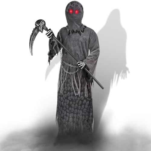 Ulikey Disfraz de la Parca Adulto, Traje de Grim Reape, Disfraz de Halloween para Adulto con Guantes, Guadaña Disfraces Fantasma de Parca Conjunto de Disfraces de Reaper de Halloween Cosplay
