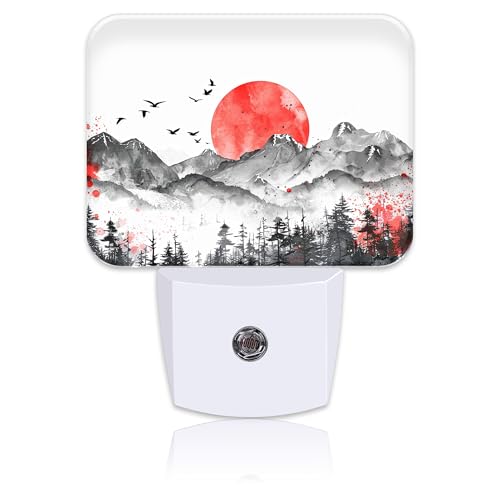 Image of Mountains and Red Sun Night Light Ink Painting Nightlight Plug into Wall with Dusk to Dawn Sensor for Kid Girls Boys Women Men Room, Hallway, Kitchen, Bathroom, Stairs Decor