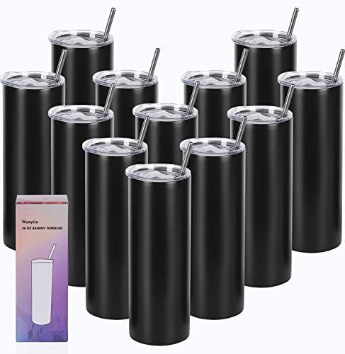 Wzaytia 12 Pack 20 Oz Straight Skinny Tumblers,Individually Gift Boxed Stainless Steel Slim Skinny Tumbler Set Bulk, 20 Oz Insulated Slim Thin Travel Tumbler Cup for Diy, Black