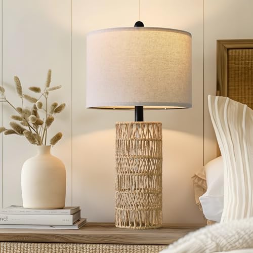 Image of OYEARS 22.5 inch Boho Table Lamps Set of 2 for Living Room, Bedside Lamp for Nightstands, Rattan Lamp for Bedroom, Farmhouse Table Lamp for Room Decor, End Table, Retro, Brown(Not Include Bulbs)