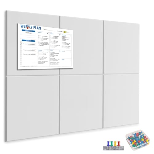 Accmuzzy 6 Stück Pinnwand Filz Selbstklebend, 9mm Dick Filz Pinwand mit 40 Pins, Dekorative Pinnwand Groß Wanddekoration für Fotos, Notiz-memoboard für Zuhause Küche Büro Schule, 30x30cm (Weiß)